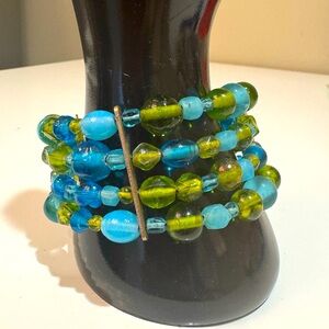 5 for $30 GLASS Blue and Green Beaded Open Cuff Bracelet